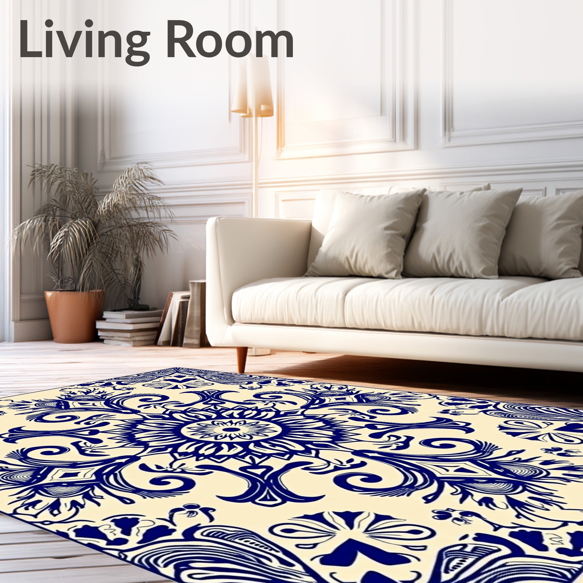 Navy Blue Floral Mandala Cream Rug