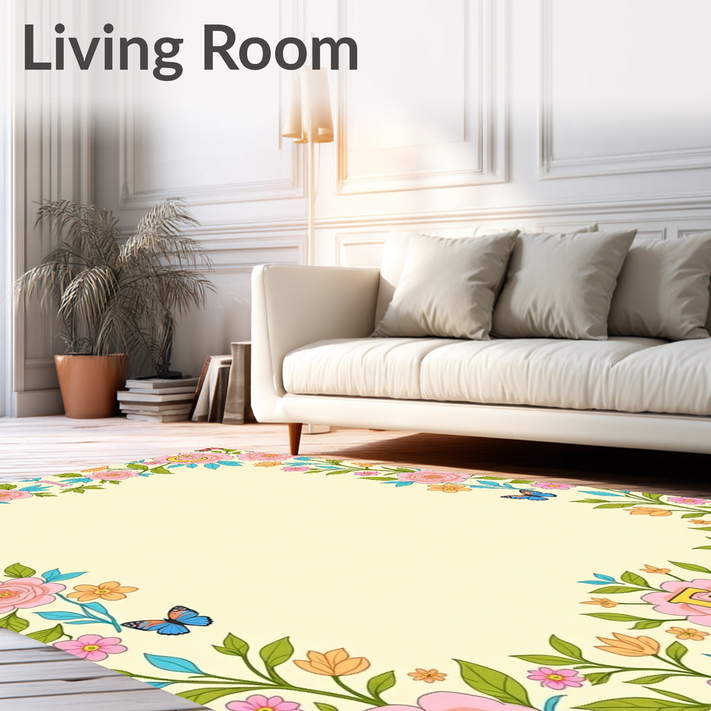 Whimsical Pink Floral Border Butterflies Rug