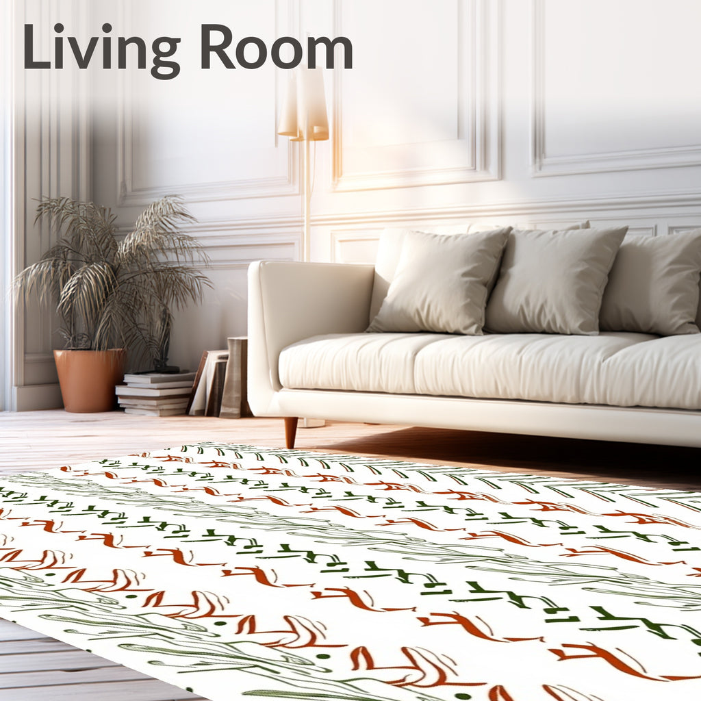 Rustic Green Red Botanical Stripe Rug