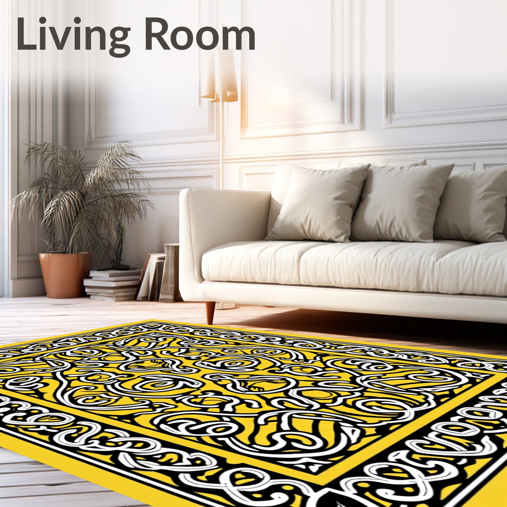 Intricate Yellow Knotwork Symmetry Rug
