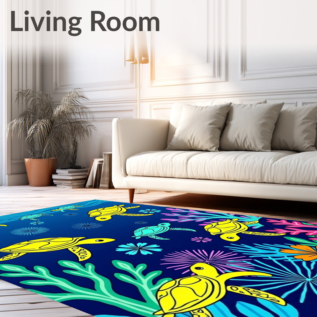 Oceanic Green Yellow Sea Turtle Coral Rug