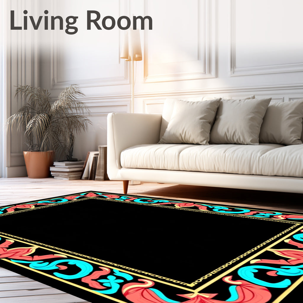 Coral Aqua Floral Scroll Border Rug