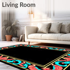 Coral Aqua Floral Scroll Border Rug