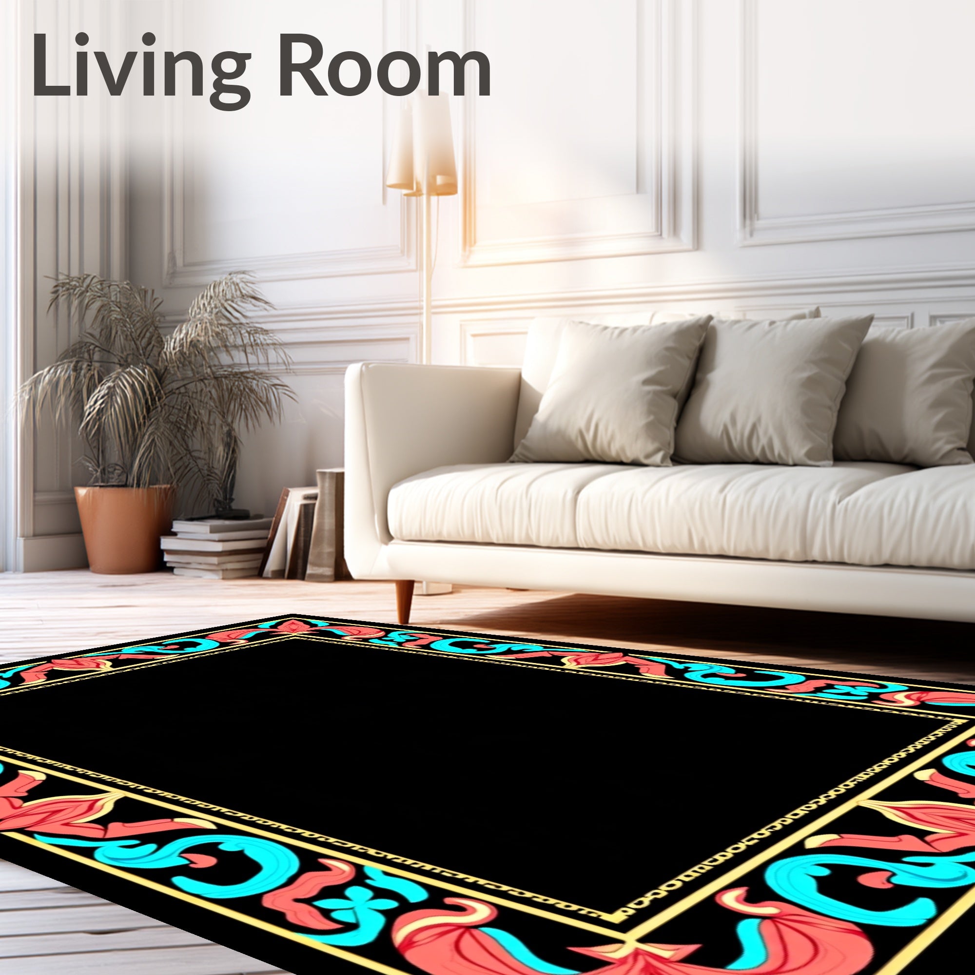 Coral Aqua Floral Scroll Border Rug