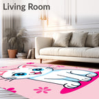 Cute White Cat Blue Eyes Pink Flowers Rug