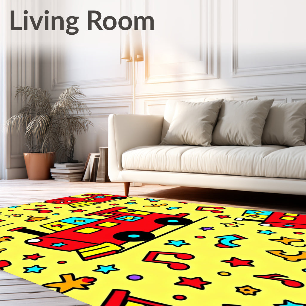 Red Train Stars Musical Yellow Background Rug