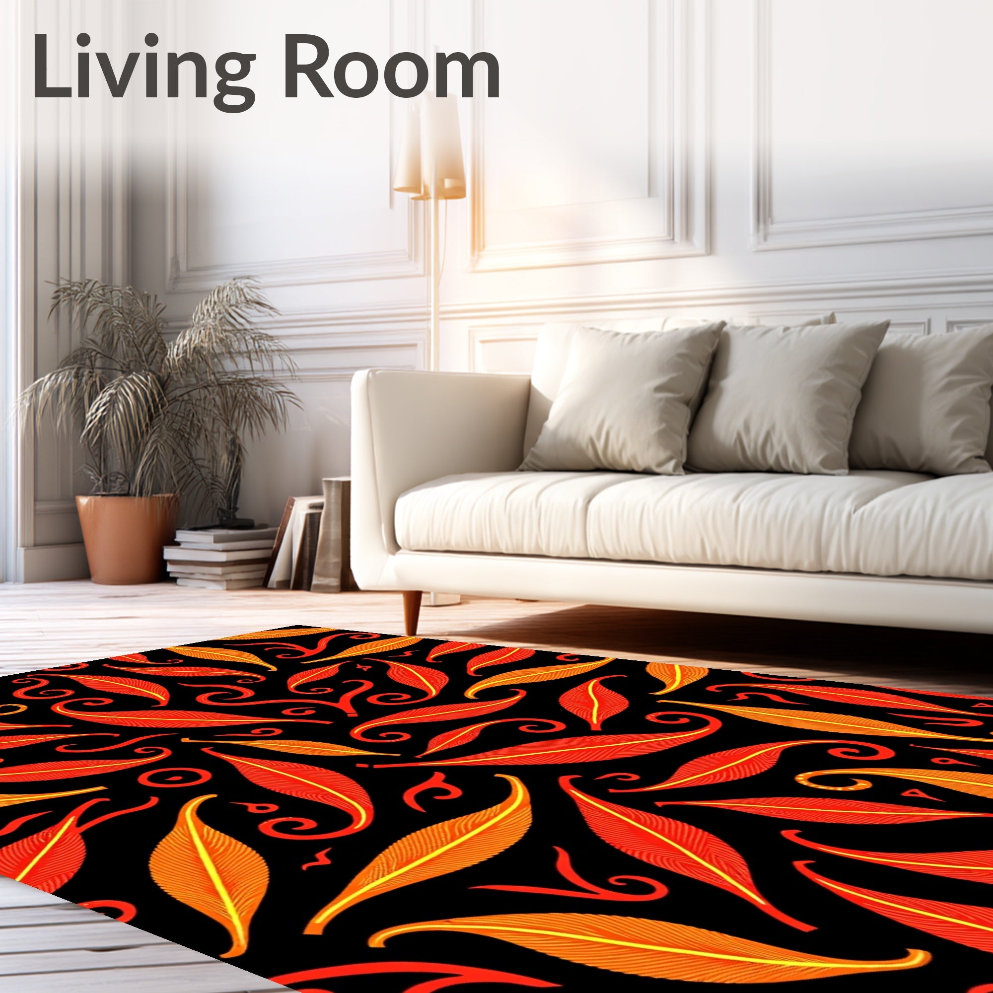Fiery Red Orange Feathered Swirls Rug