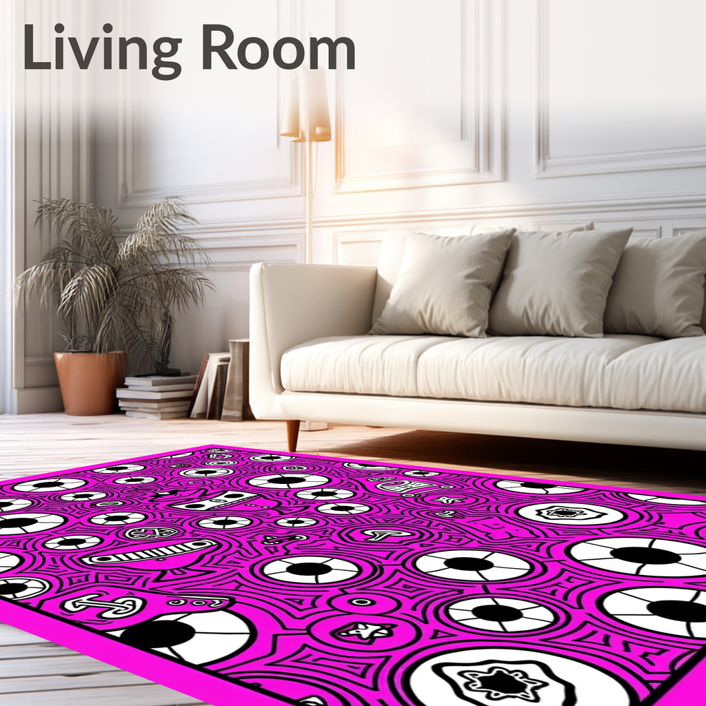 Vibrant Pink Surreal Creatures Abstract Rug