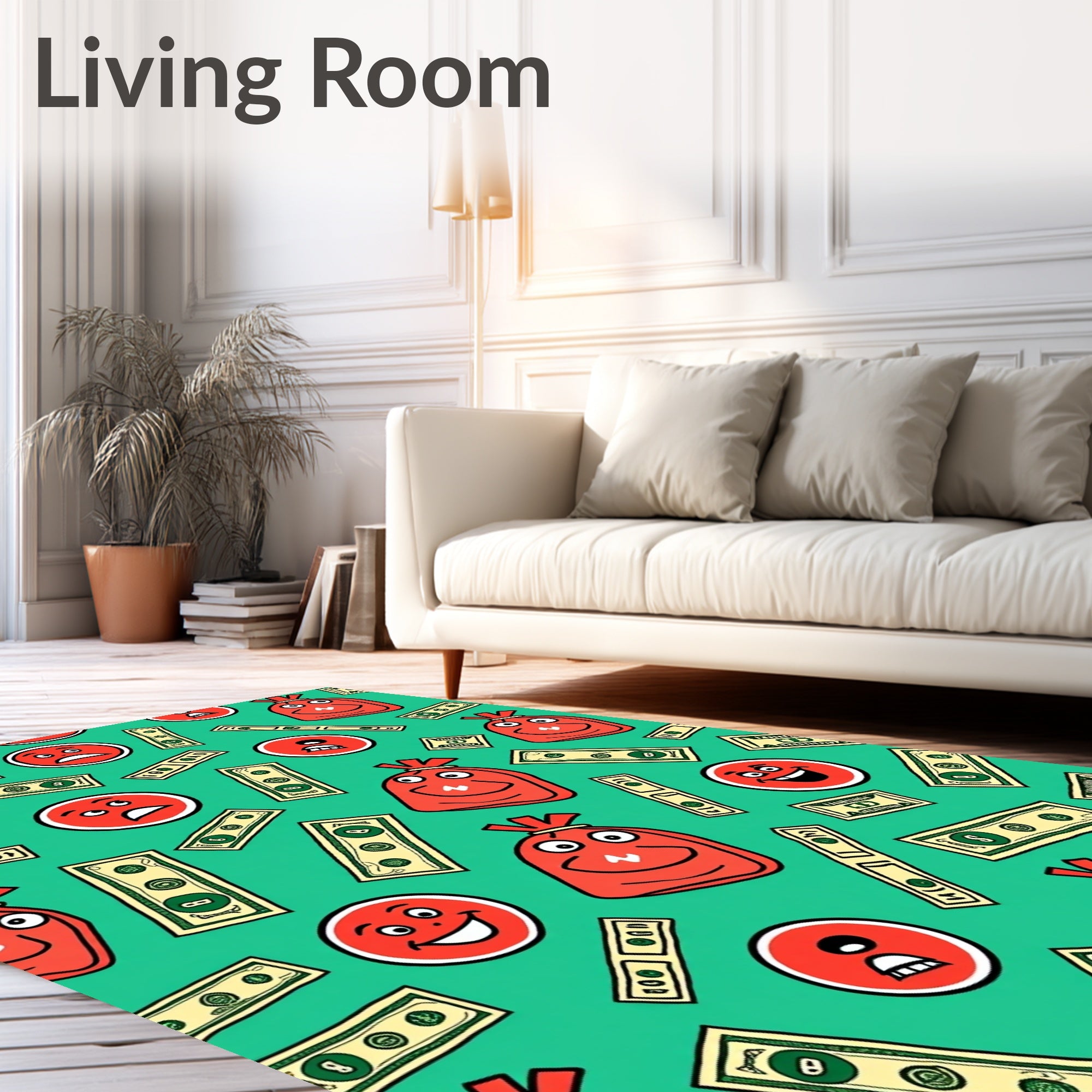 Red Money Bags Smiling Faces Rug