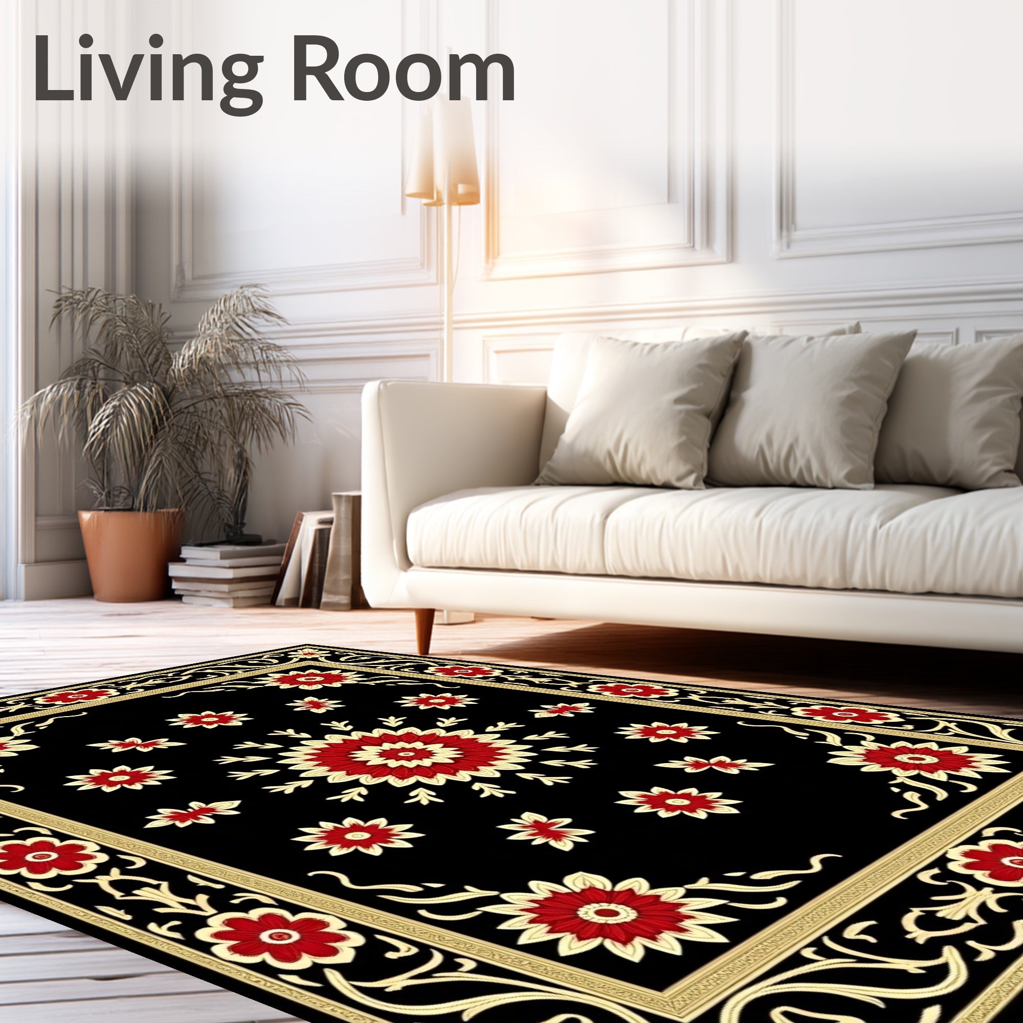 Black Floral Medallion Crimson Flower Rug