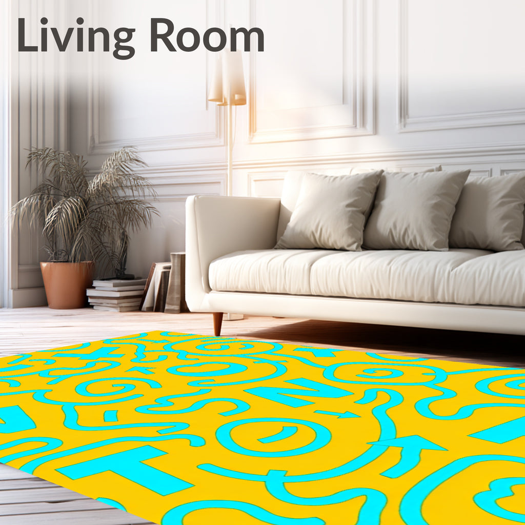 Bright Yellow Cyan Abstract Squiggles Rug