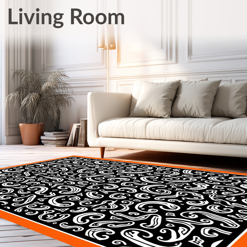 White Swirls On Black Background Rug