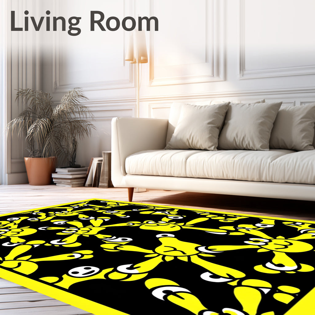 Whimsical Yellow Characters Black Background Rug