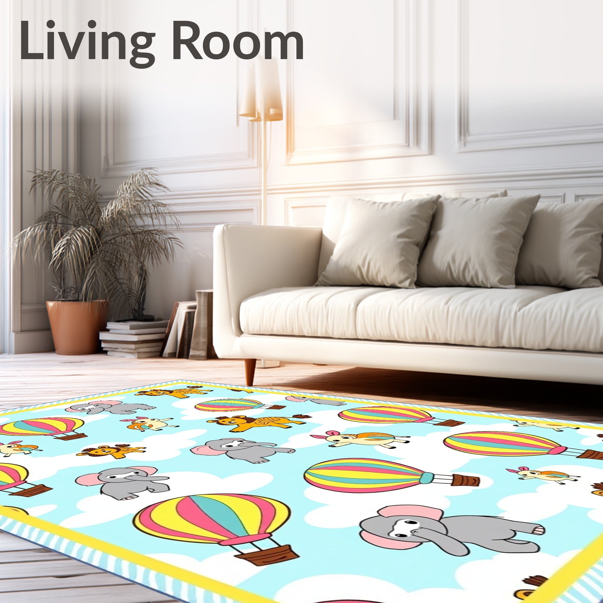 Whimsical Elephants Lions Hot Air Balloons Rug
