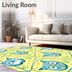 Whimsical Blue Owl Yellow Cartoon Rug