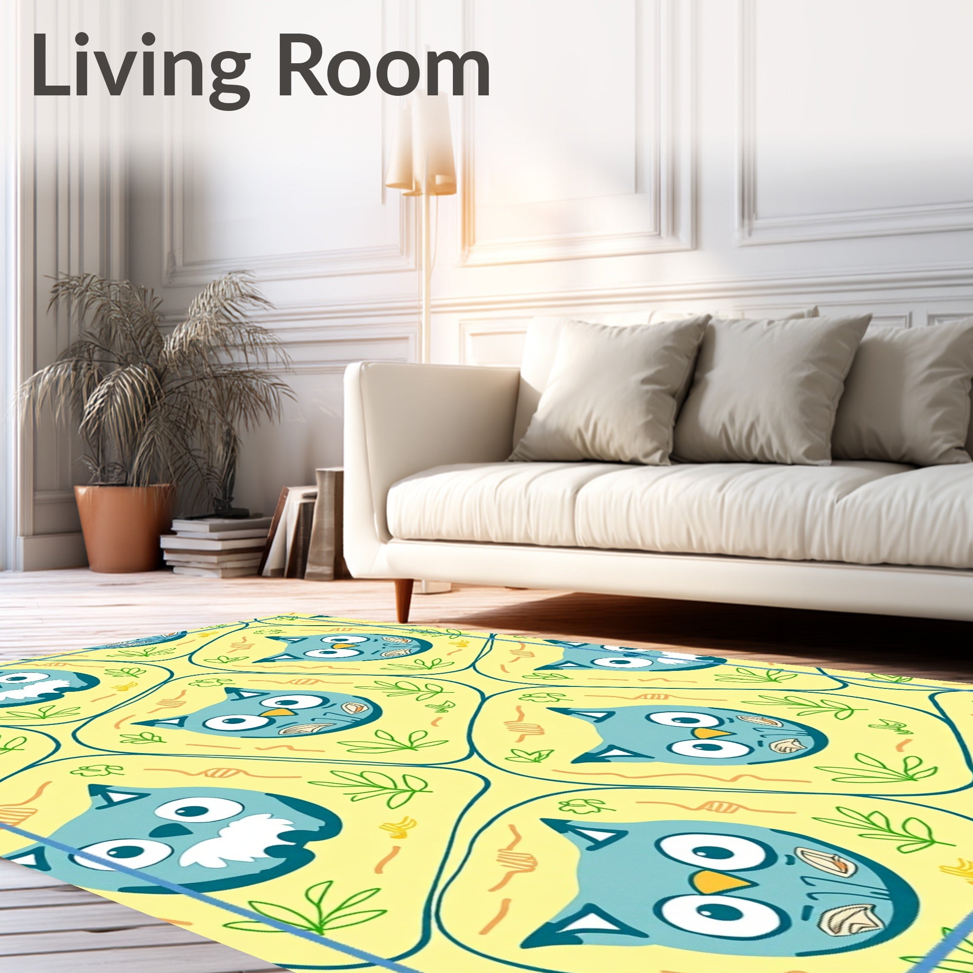 Whimsical Blue Owl Yellow Cartoon Rug