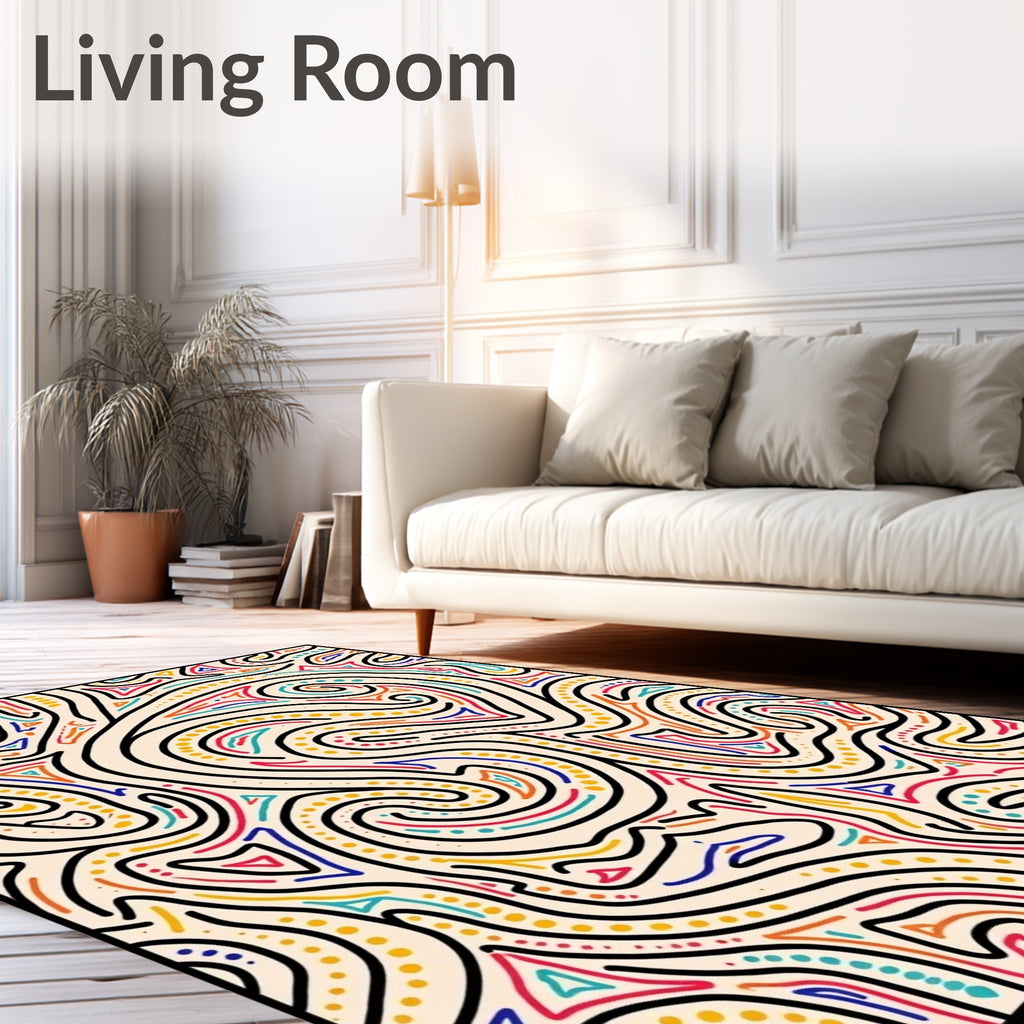 Vibrant Abstract Swirl Red Blue Yellow Rug
