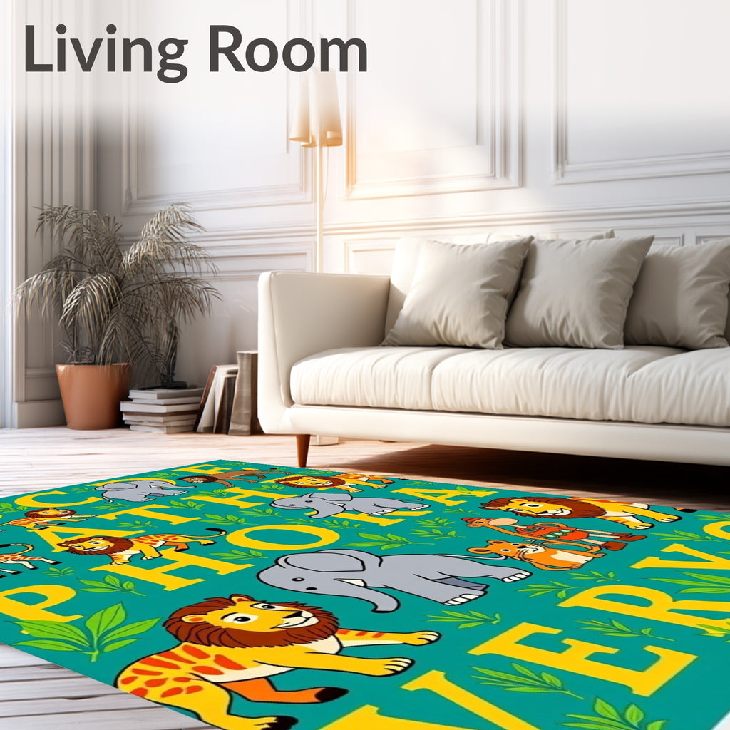Whimsical Safari Alphabet Animals Teal Rug
