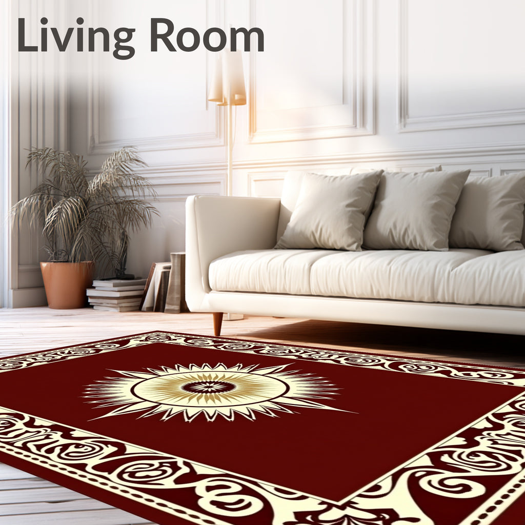 Crimson Sunburst Bordered Rug