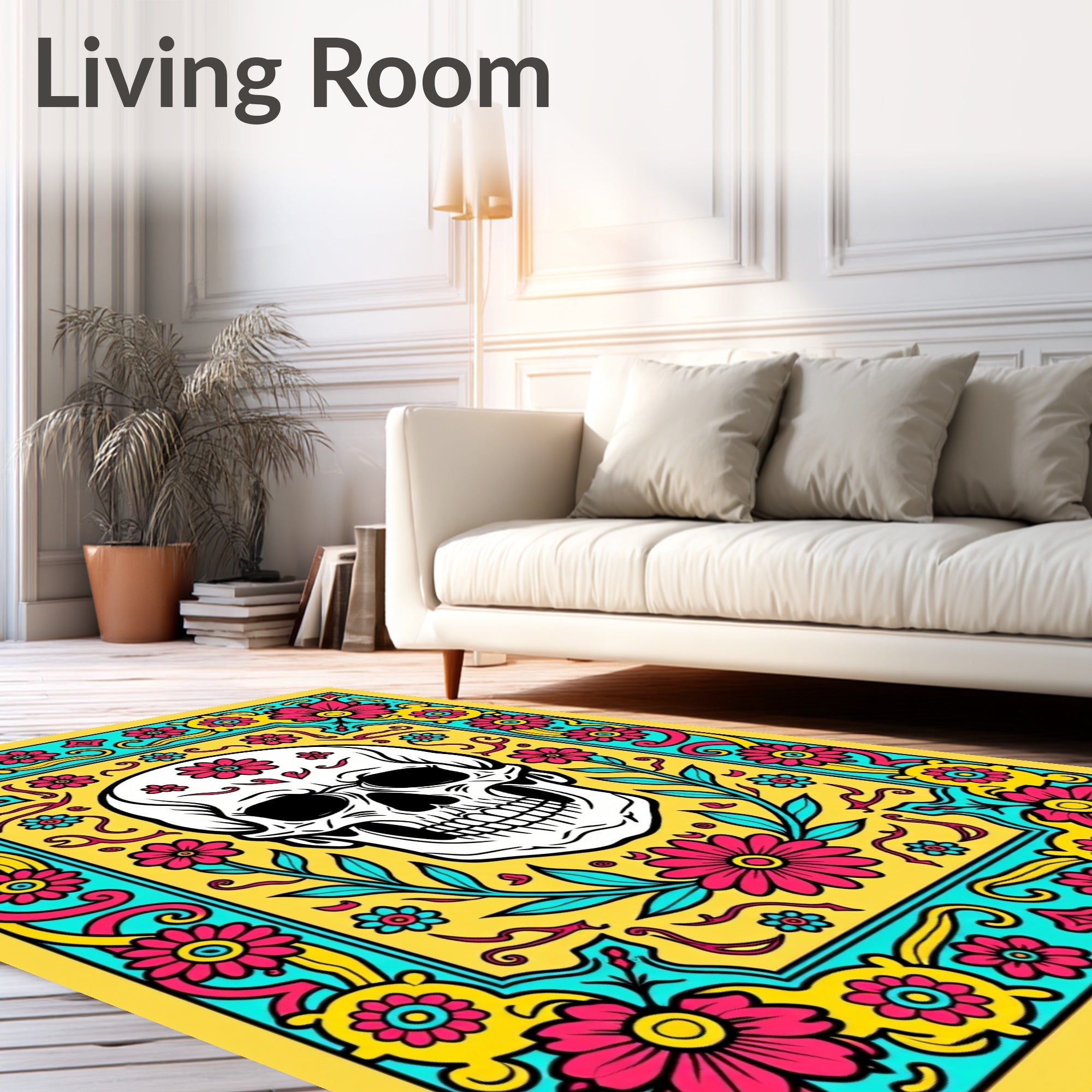 Vibrant Skull Floral Frame Rug