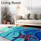 Ocean Turtle Waves Navy Coral Rug