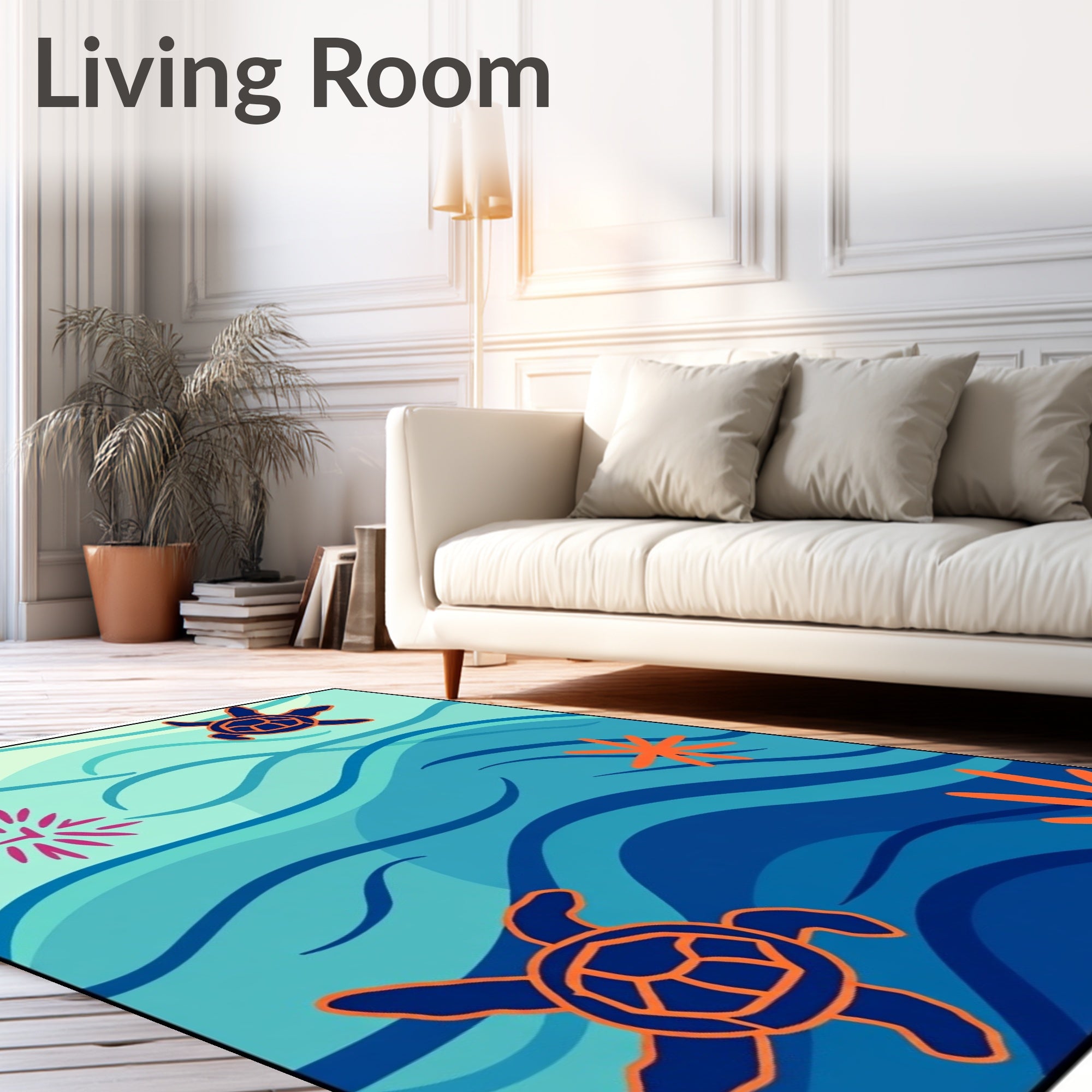 Ocean Turtle Waves Navy Coral Rug