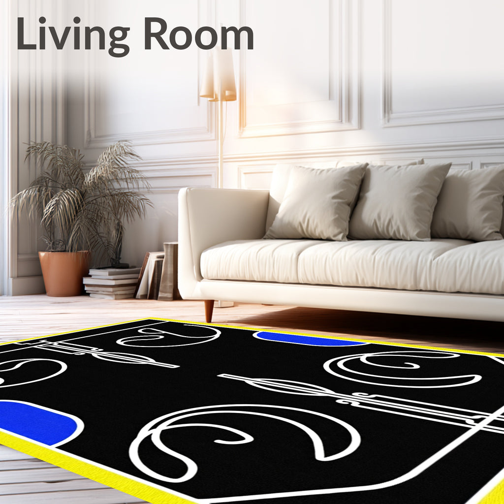 Black White Yellow Blue Geometric Flow Rug