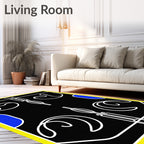 Black White Yellow Blue Geometric Flow Rug