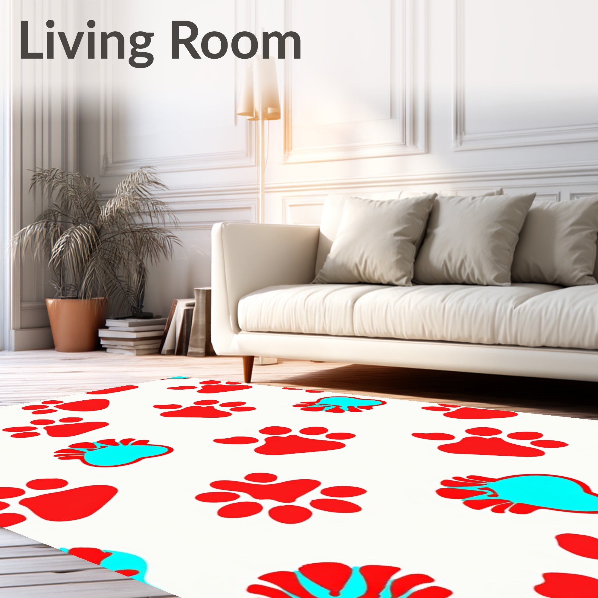 Red Blue Paw Print Repeat Rug