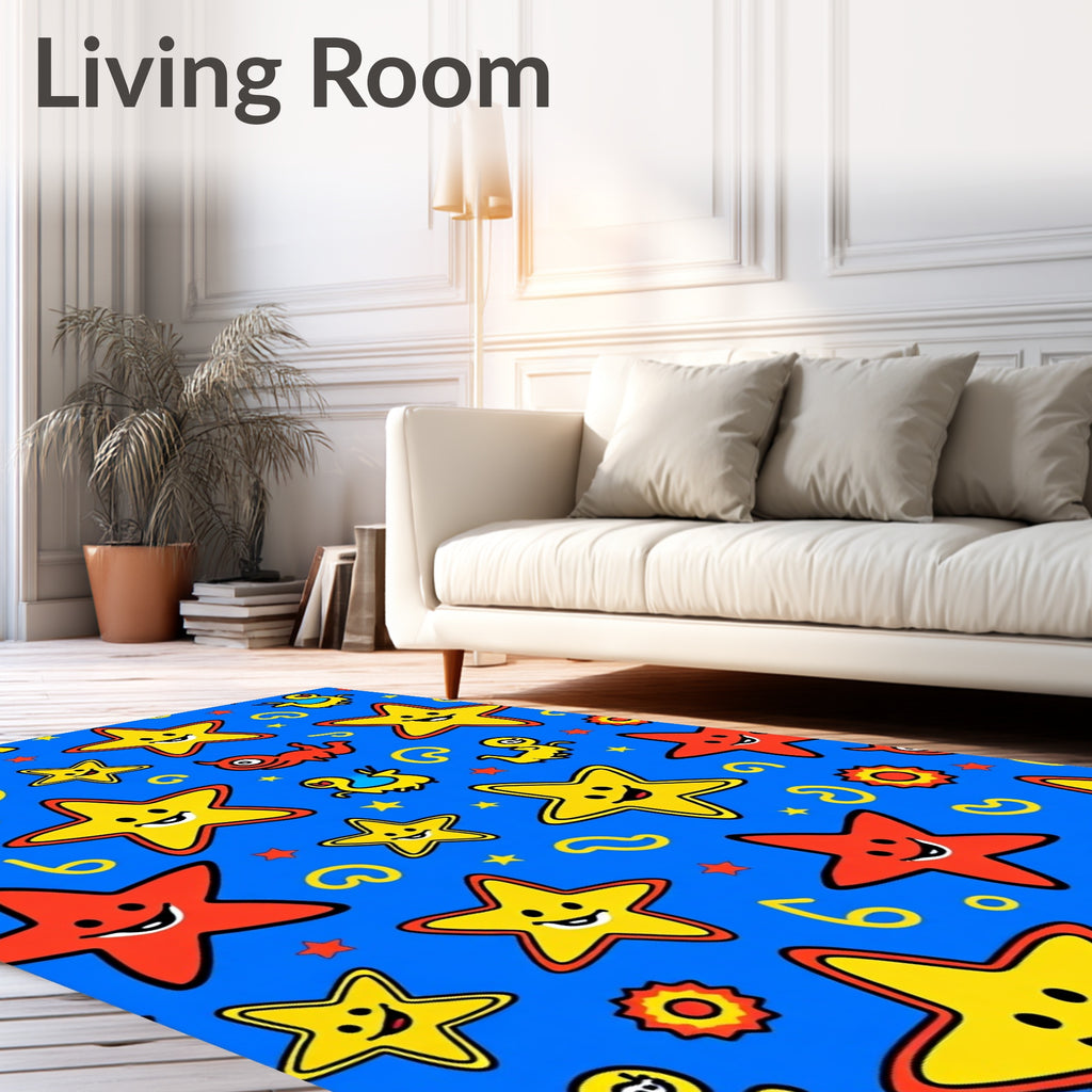 Happy Star Characters on Blue Background Rug