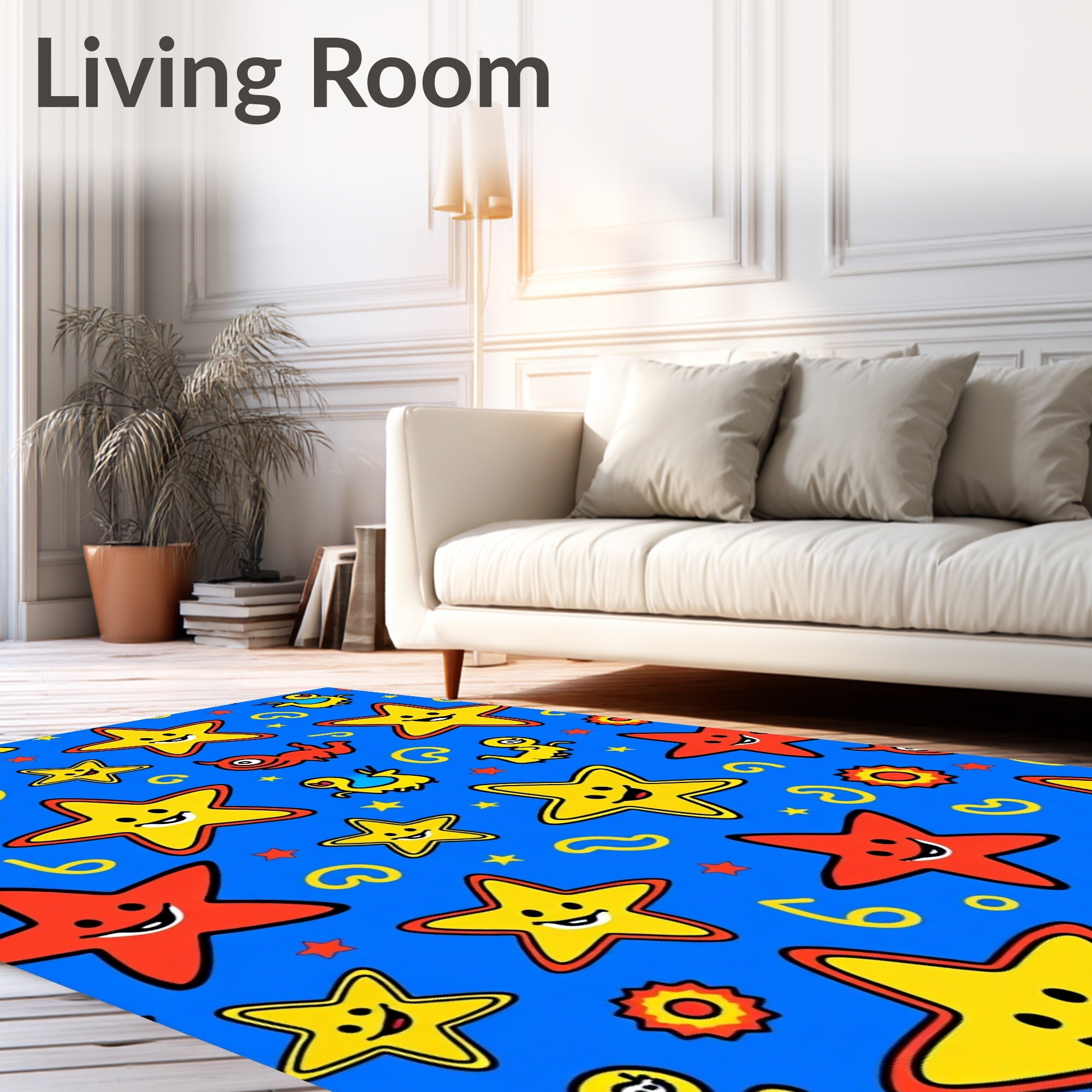 Happy Star Characters on Blue Background Rug