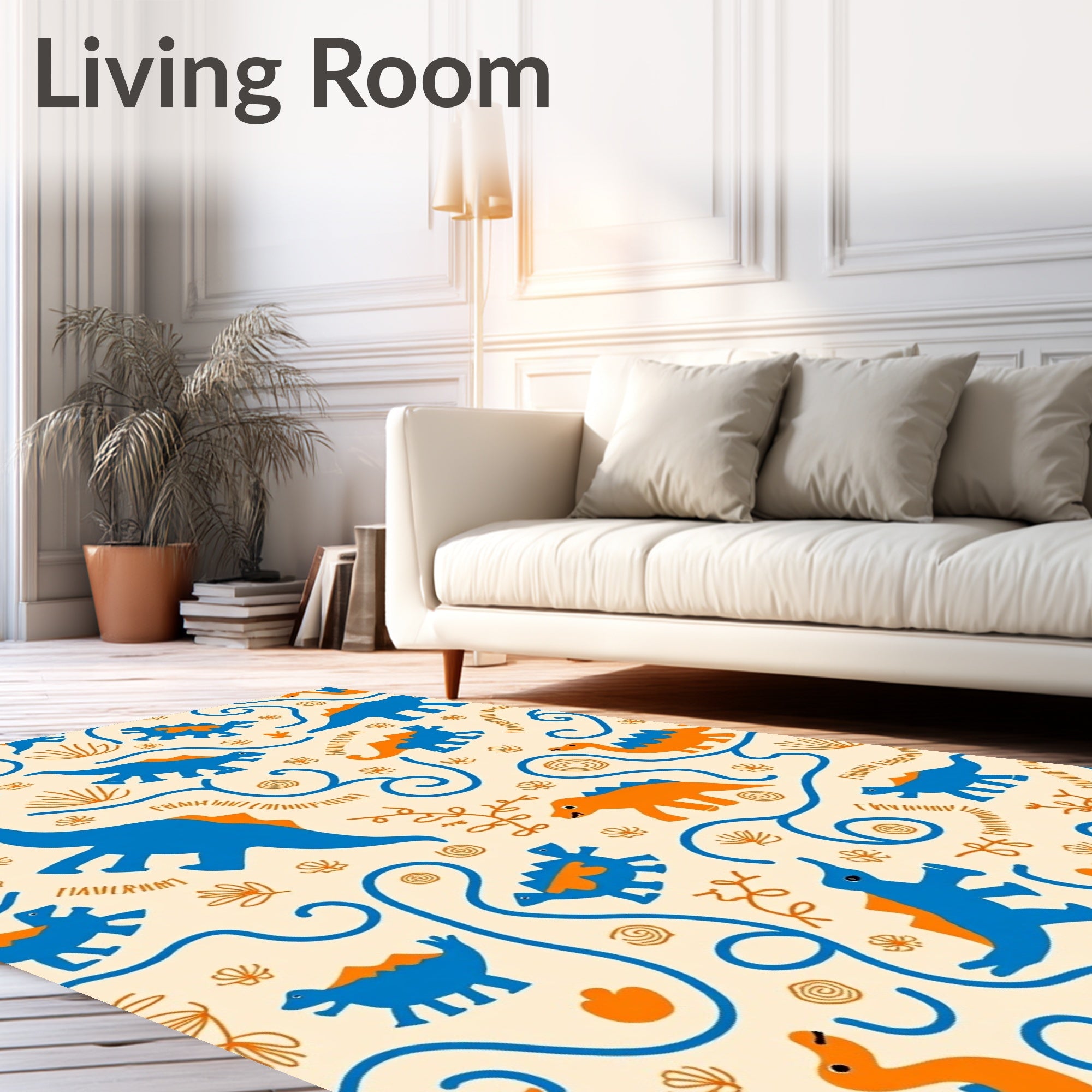 Cute Blue Orange Dinosaur Swirls Rug