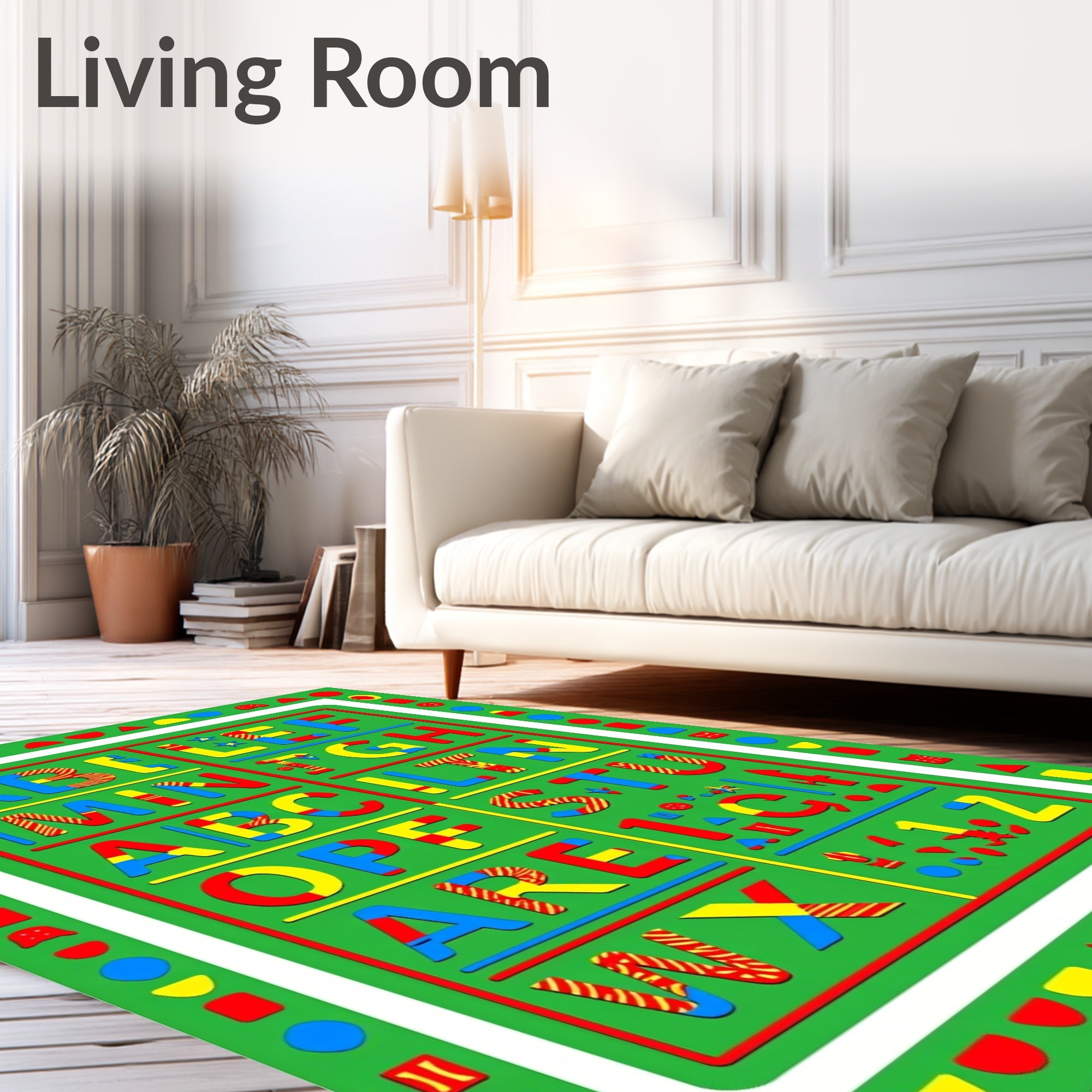 Bold Alphabets Green Border Geometric Shapes Rug