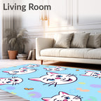 Whimsical White Cat Faces Blue Background Rug