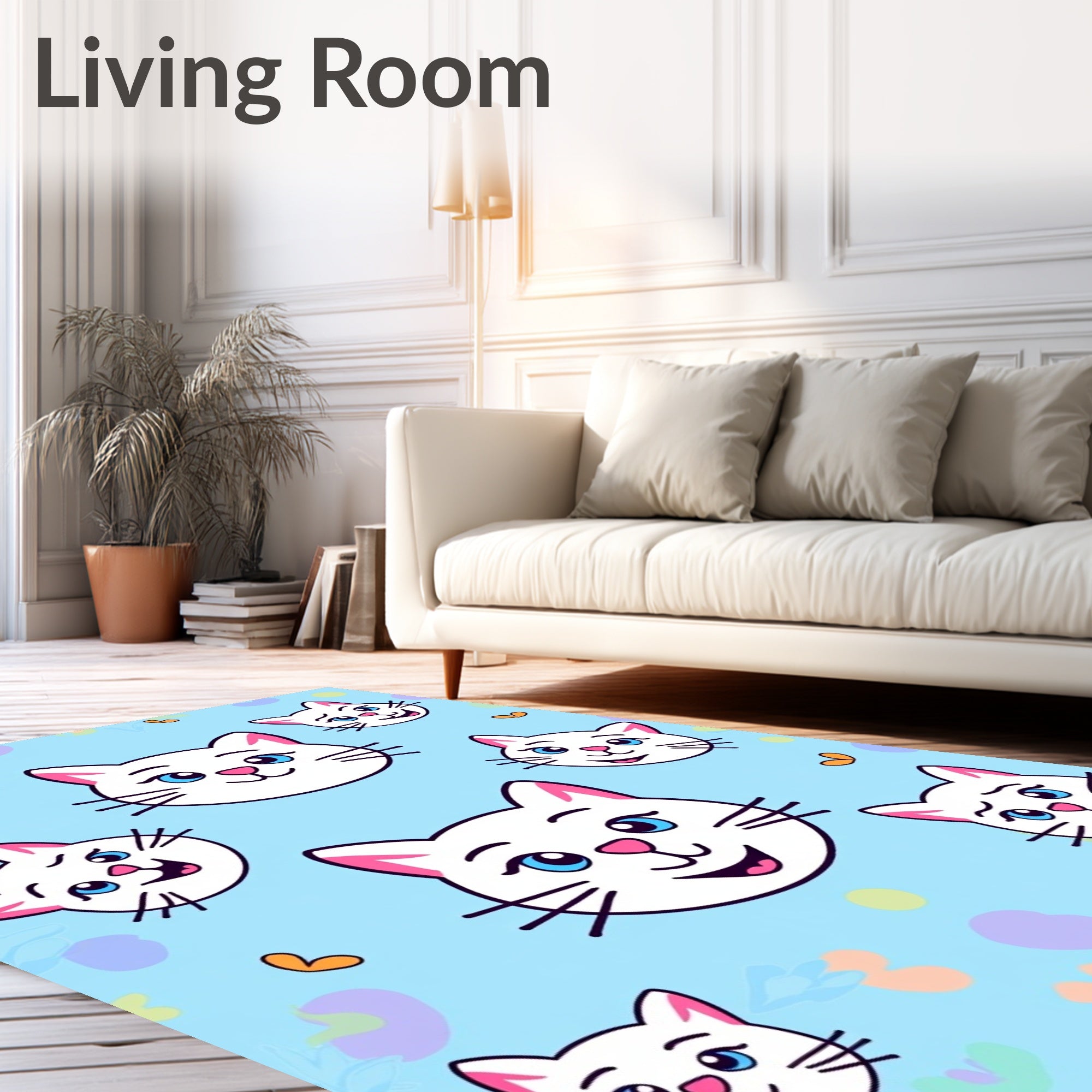 Whimsical White Cat Faces Blue Background Rug