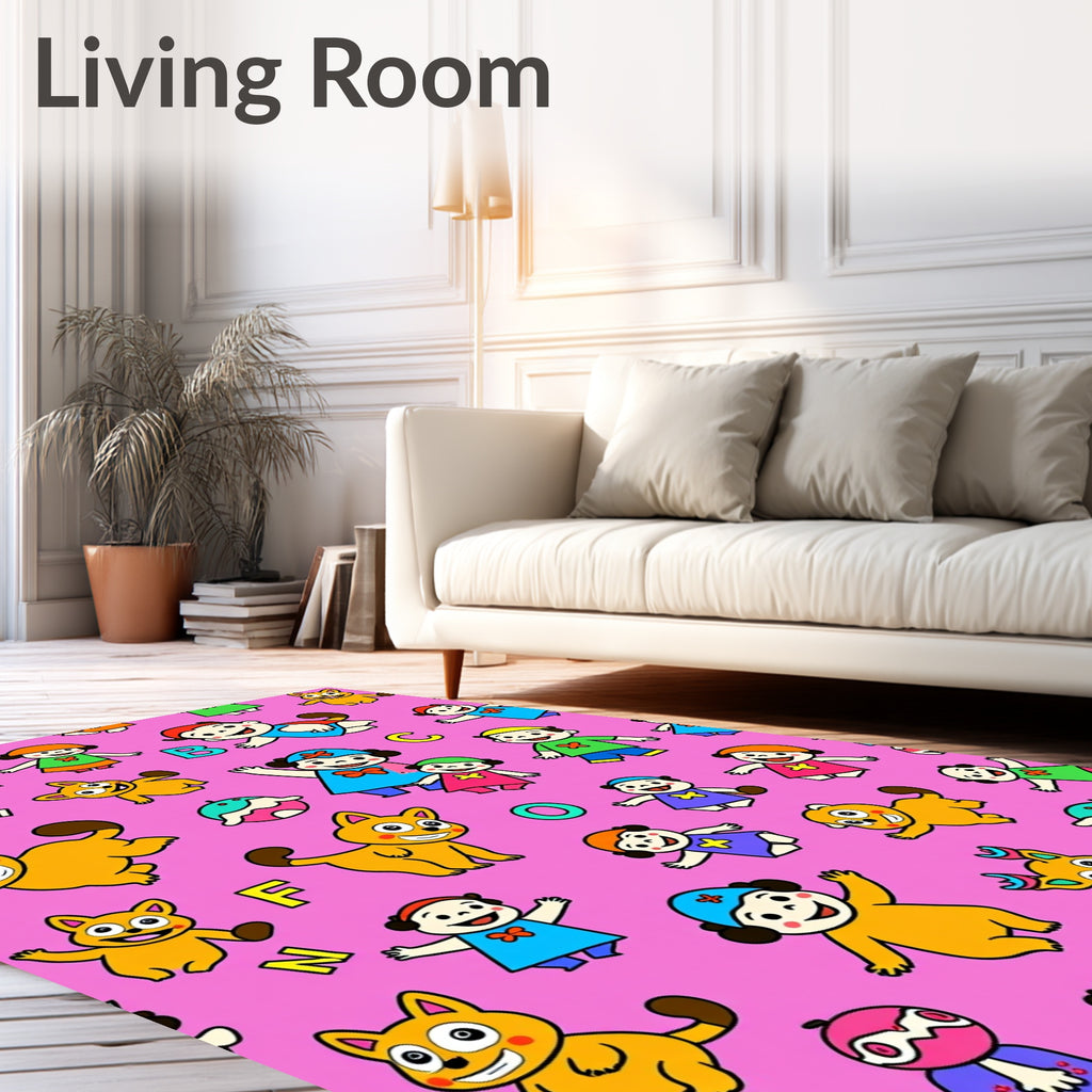 Playful Yellow Cartoon Kids Animals ABC Pink Rug