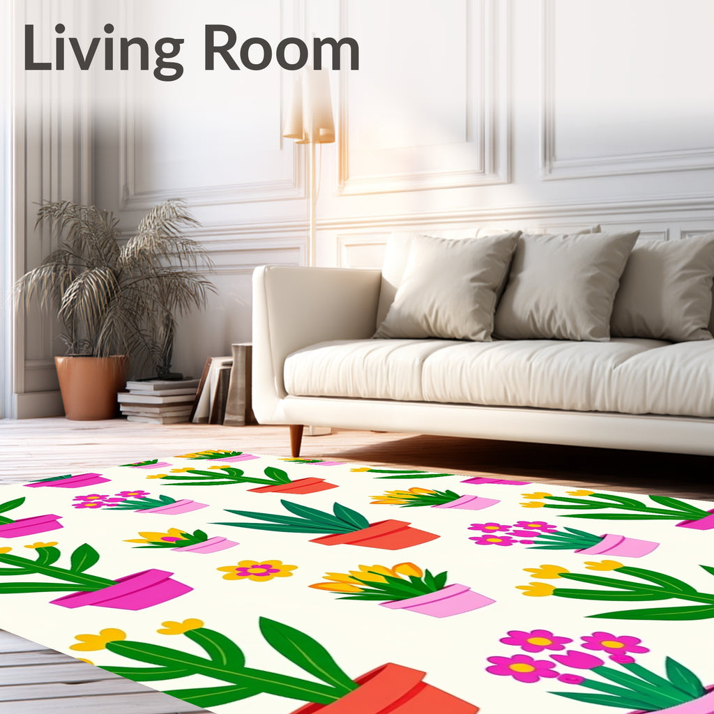 Potted Pink Yellow Green Flowers Rug