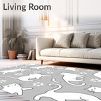 Playful White Cats Gray Floral Background Rug