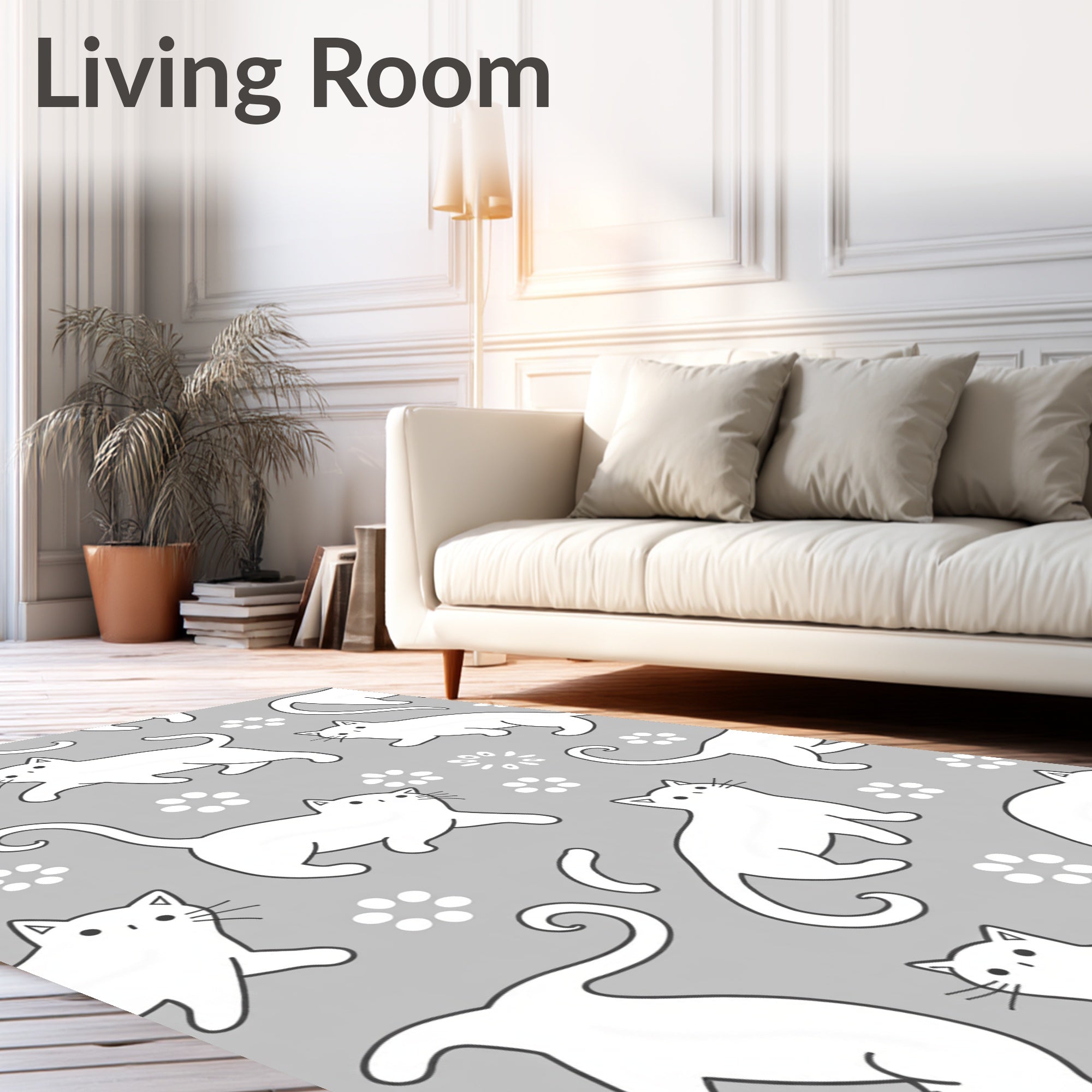 Playful White Cats Gray Floral Background Rug