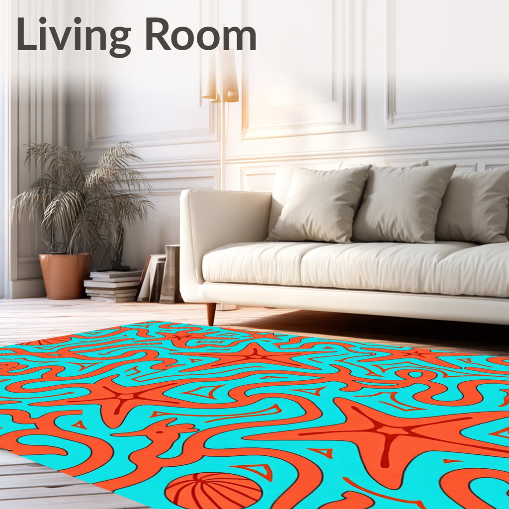 Vibrant Coral Starfish Swirls Rug