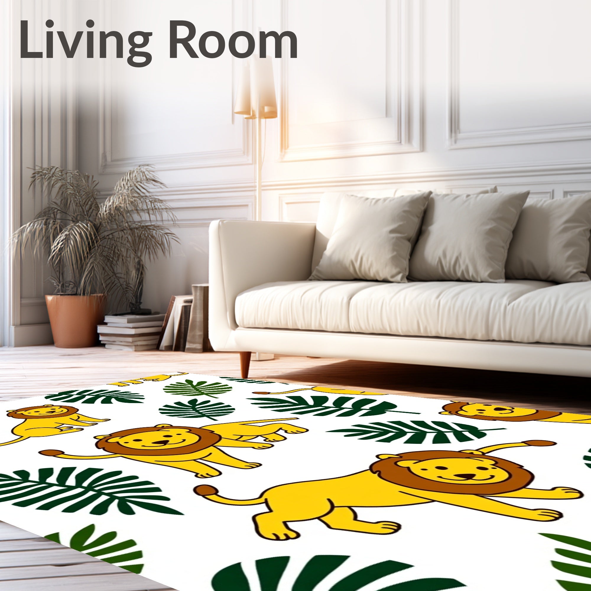 Cheery Yellow Lion Jungle Leaves Rug