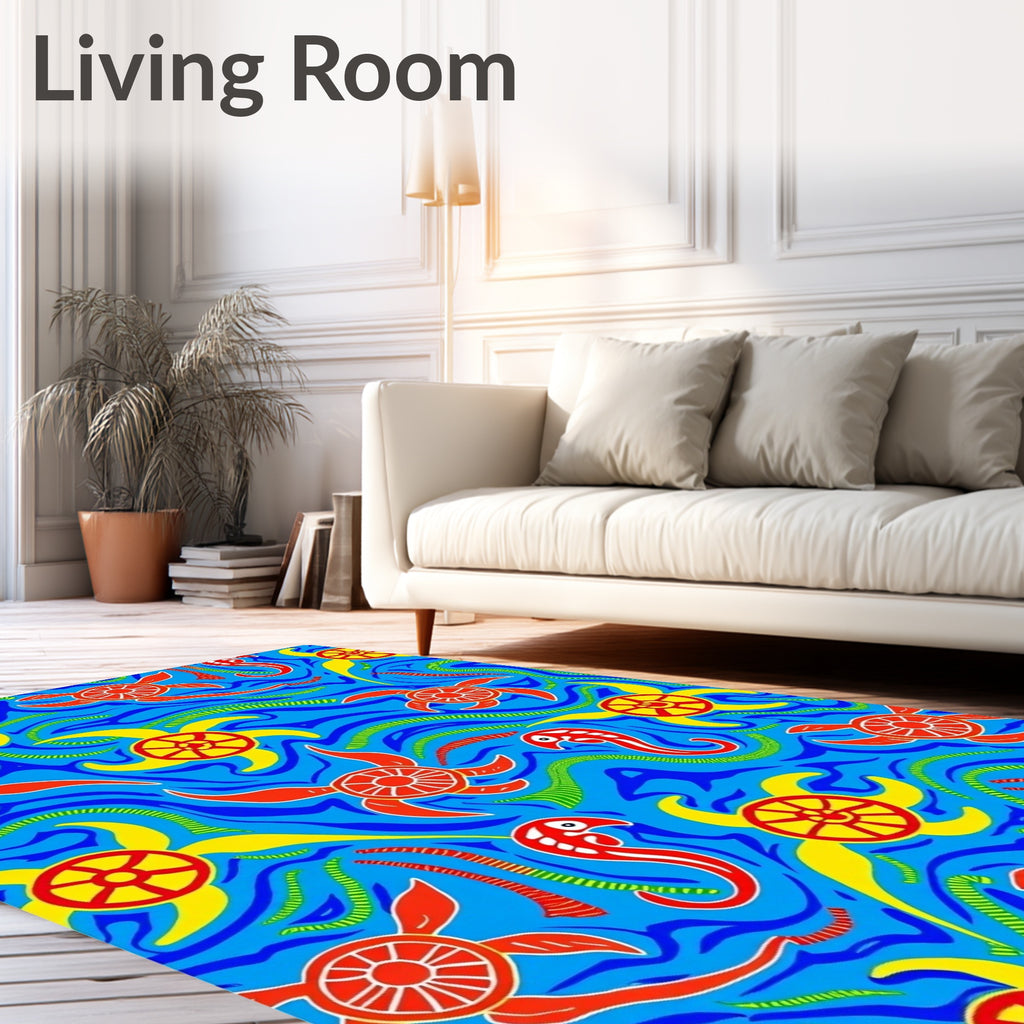 Vibrant Red Blue Turtle Sun Swirls Rug