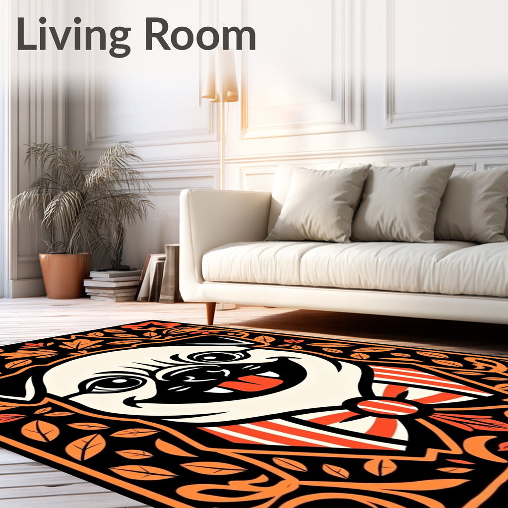 Whimsical Pug Portrait Orange Floral Border Rug