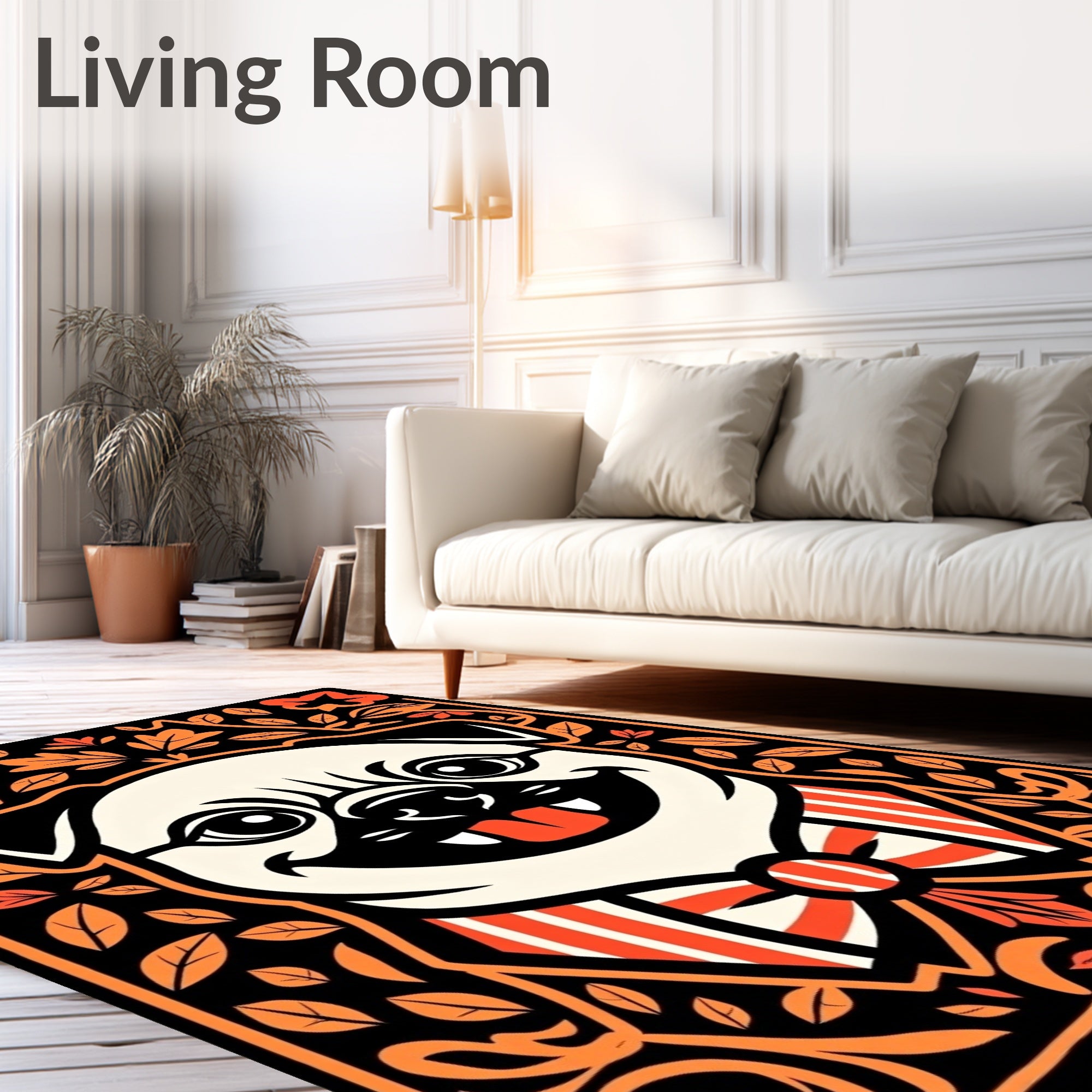 Whimsical Pug Portrait Orange Floral Border Rug