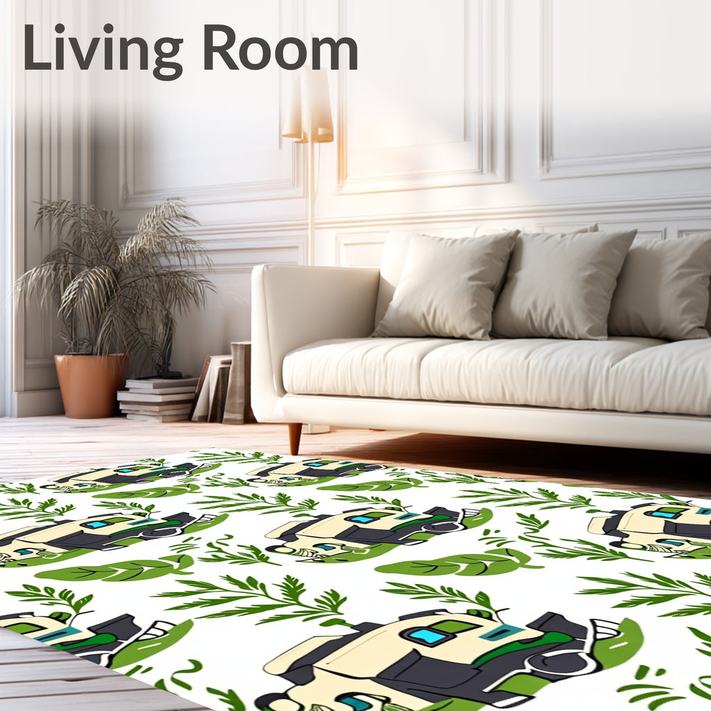 Futuristic Camper Van Green Foliage Art Rug