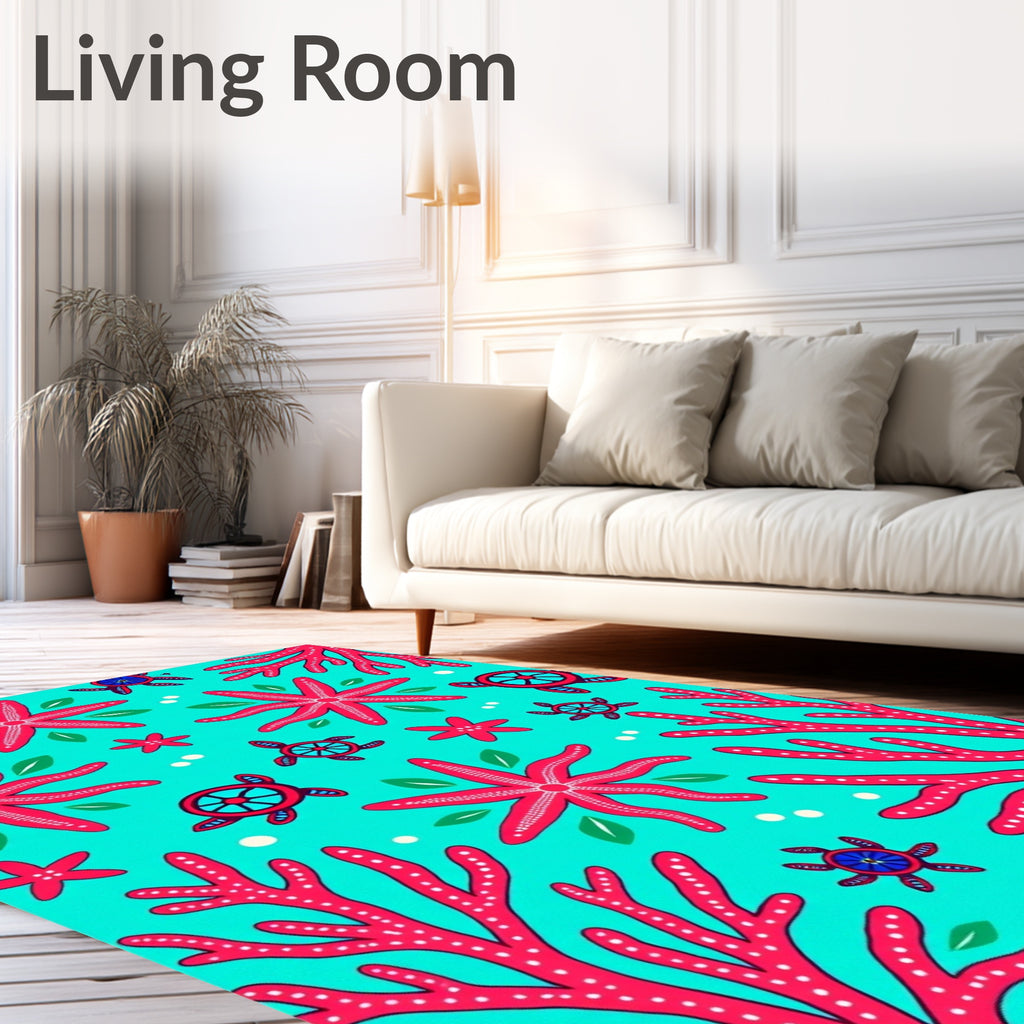 Aqua Red Coral Starfish Turtle Theme Rug