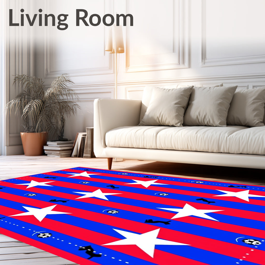 Red Blue Striped Star Soccer Icons Rug