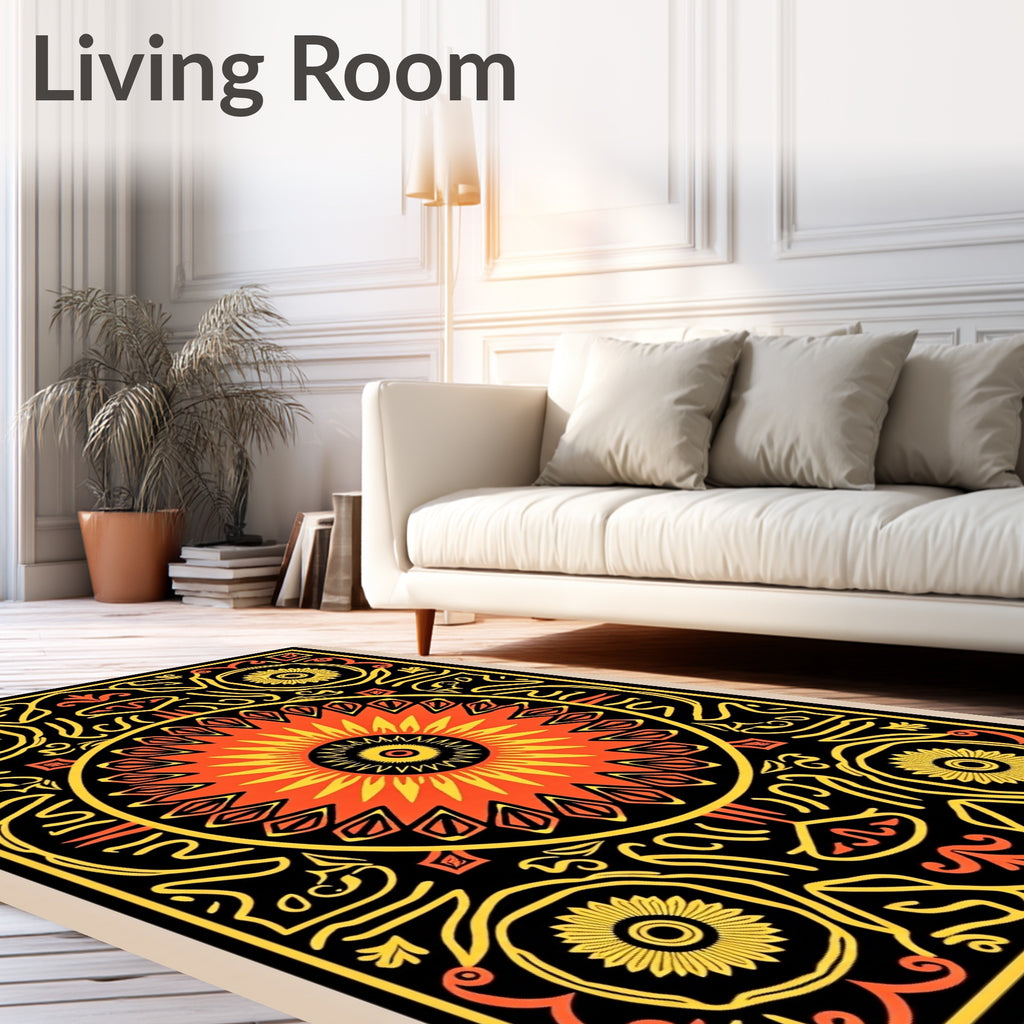 Radiant Sunburst Mandala Black Rug