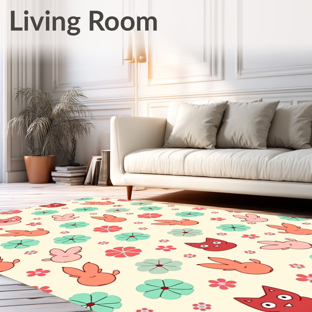 Cute Cat and Bunny Floral Scatter Rug