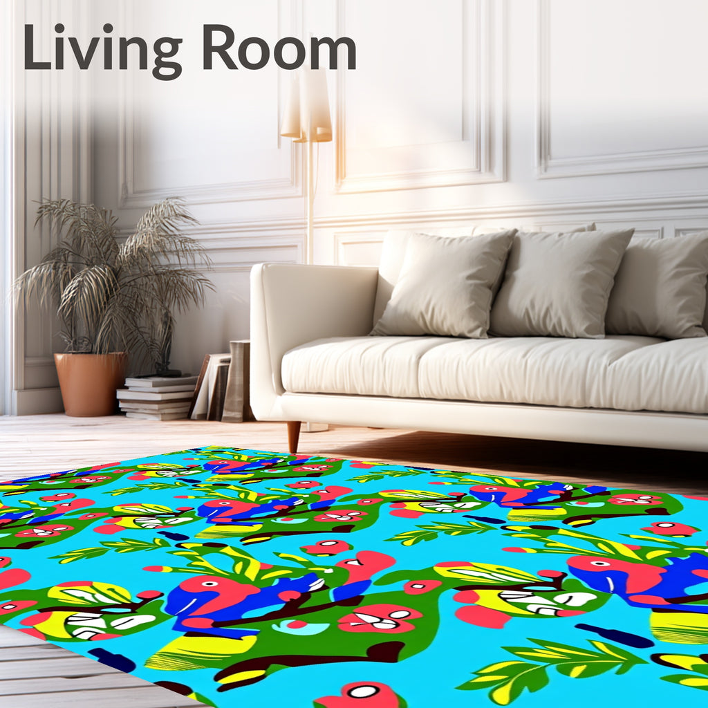 Bright Blue Tropical Bird Foliage Rug
